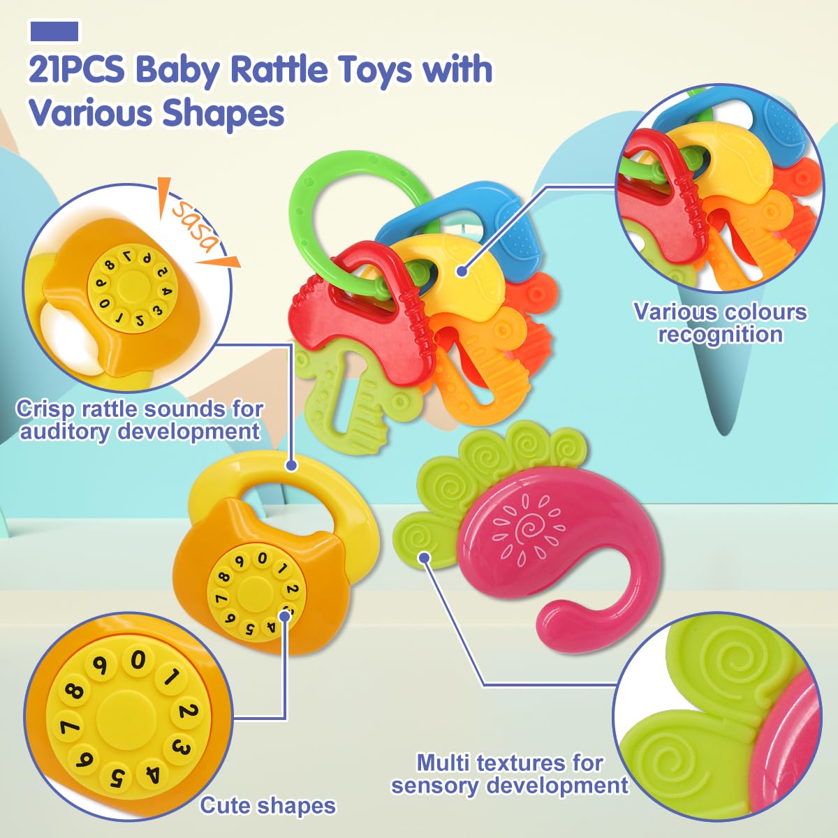 Qizebaby 21Pcs Baby Rattles Toys Set, Baby Toys 3-6 Months, Infant Grab And Shake Rattle, Sensory Teether, Music Learning Toys F
