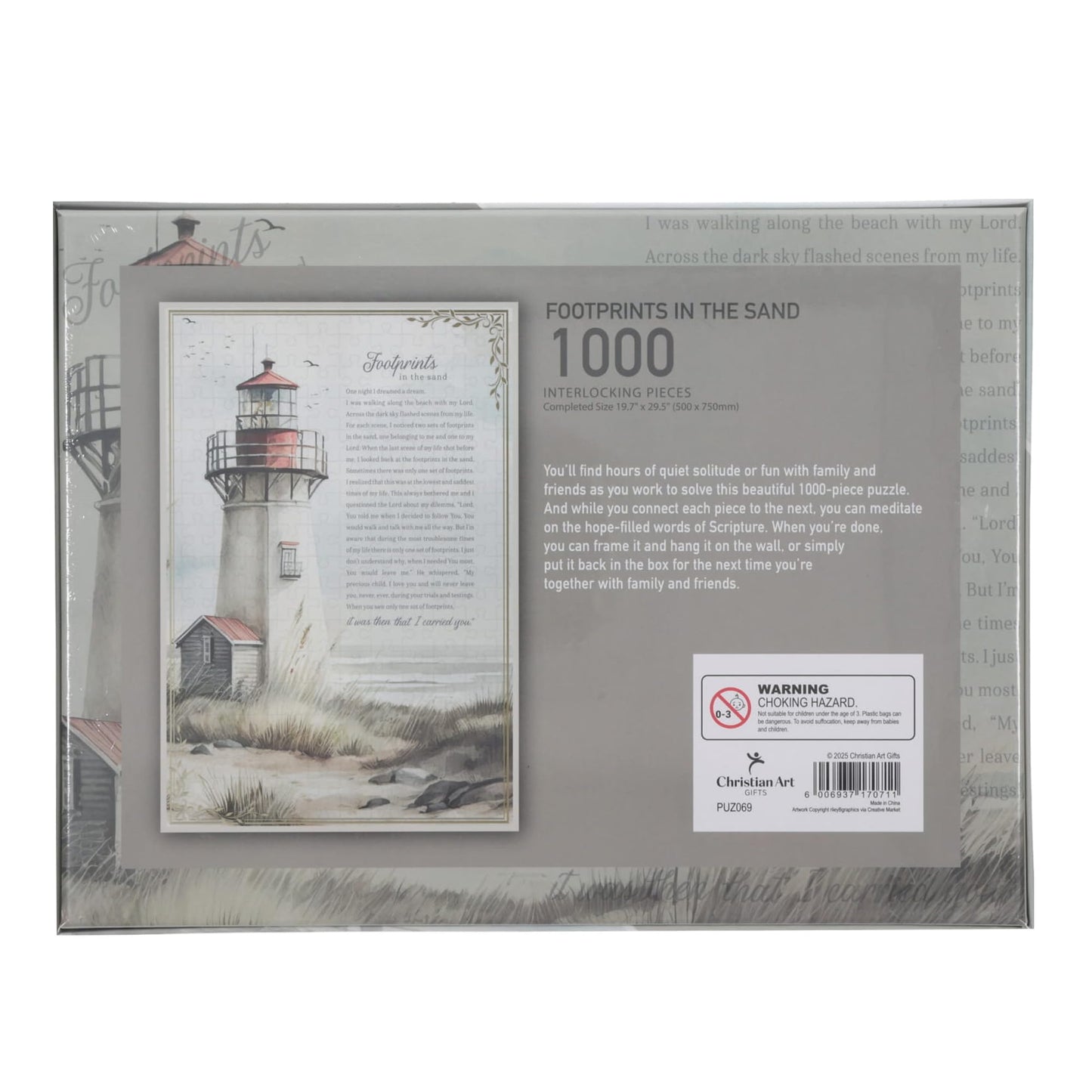Christian Art Gifts 1000 Piece Jigsaw Puzzle - Footprints in The Sand, Multicolored, Cardboard, Family Activity Game, Model PUZ069