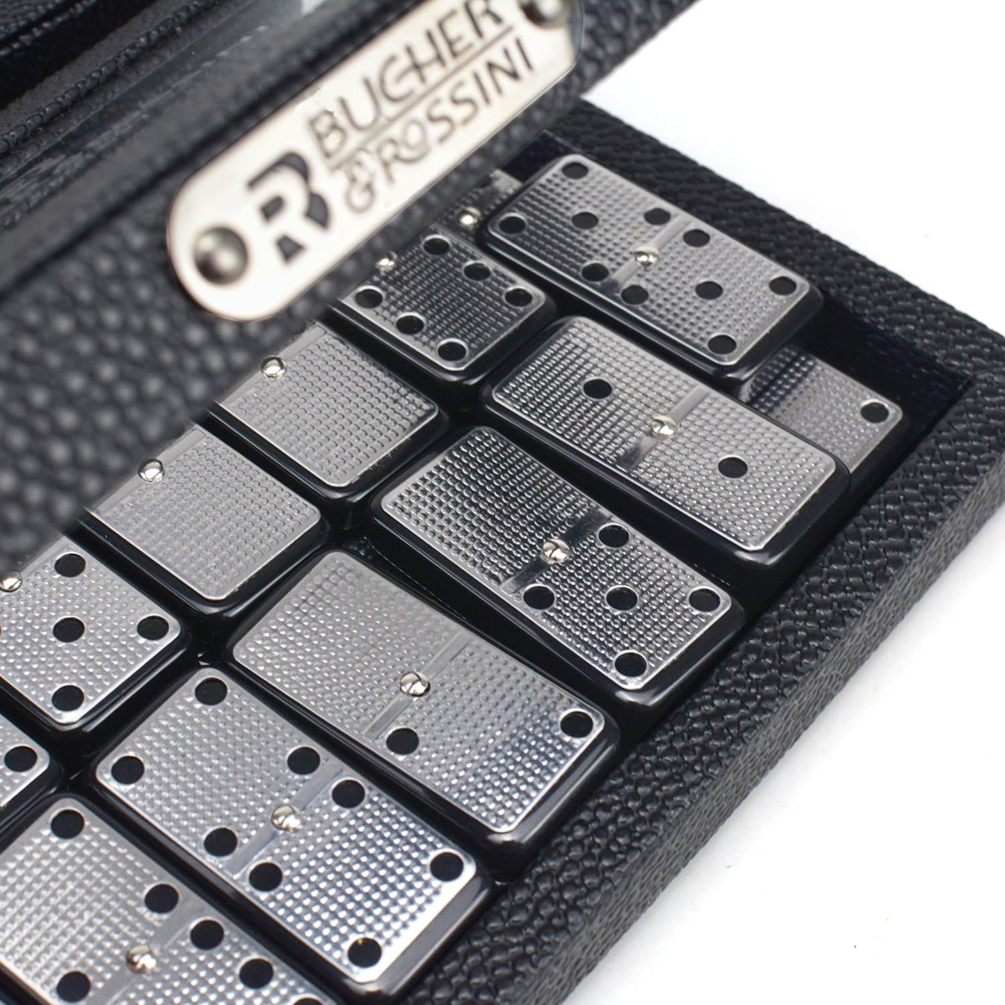 Bucher&Rossini Metal Surface Dominoes Set Double 6 - Claasic Black Domino'S Game Set With Silver Metal Surface For Adults And Kids Ideal Gift For Domino Players Or Family Game Night