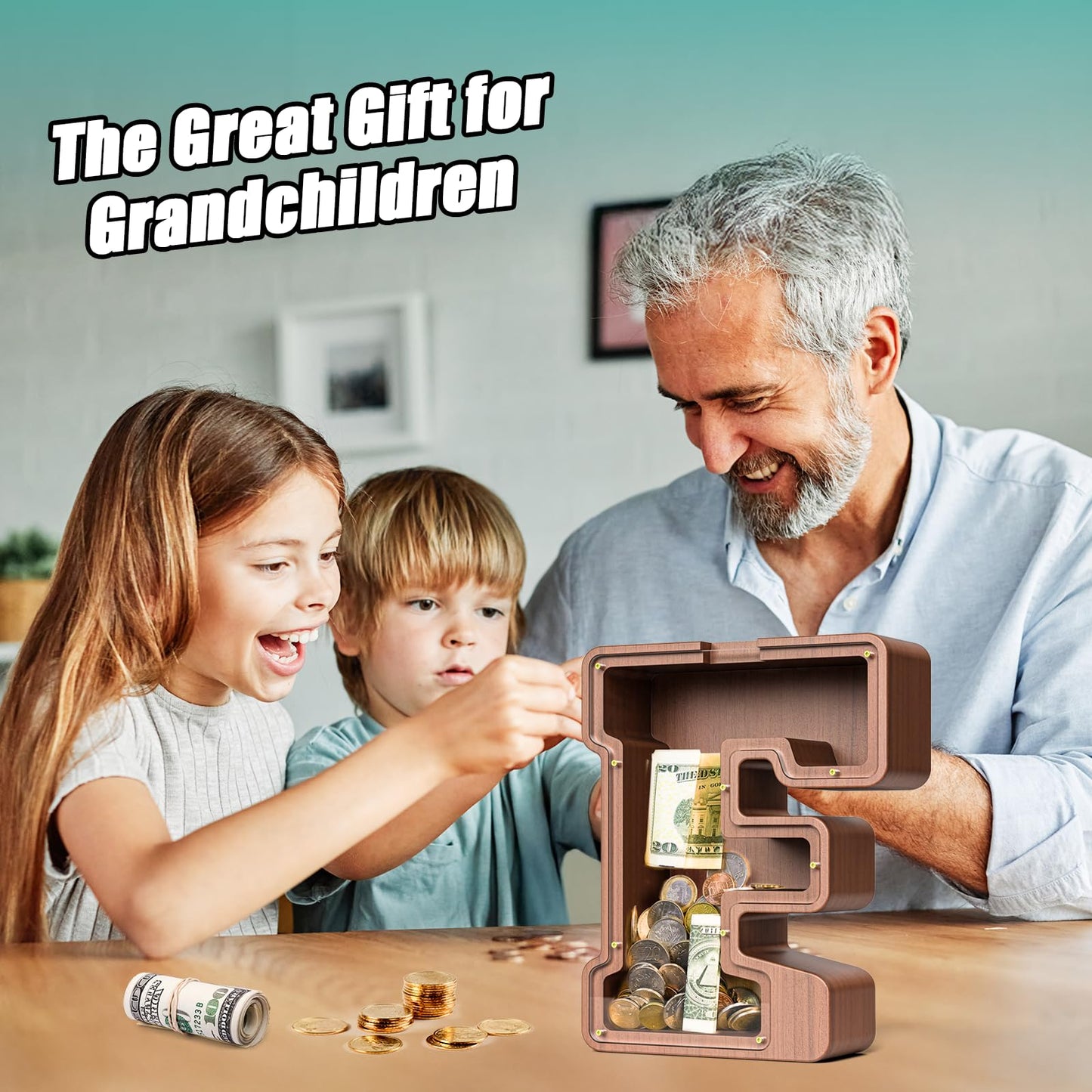 Summidate Wooden Letter Piggy Bank Extra Thick Large Capacity Piggy Bank for Kids Boys Girls Toddler Alphabet F Money Bank| Coin Box Birthday Christmas Festival