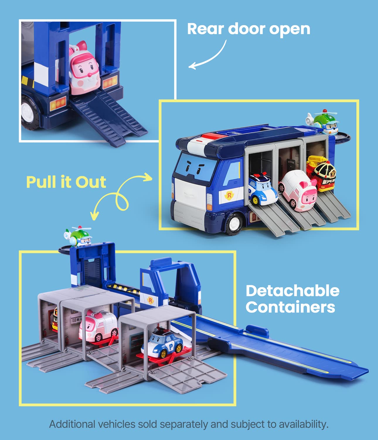 Robocar Poli Mobile Headquarters 3-in-1 Police HQ Trailer Truck Toy with Vehicle Launchers & Die-Cast Car, Ages 3+, Model 83377