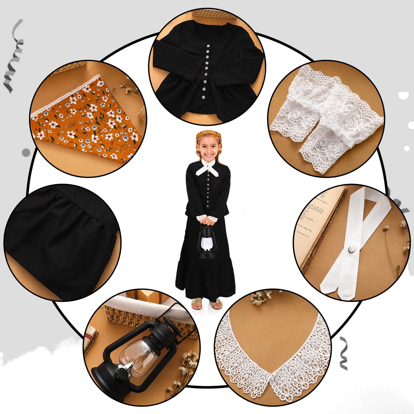 Panitay 6 Pc 1800S Colonial Costumes With Lace Cuffs Lace Collar Led Lantern For 100Th Day Of School Cosplay Party Girls Kids(X-