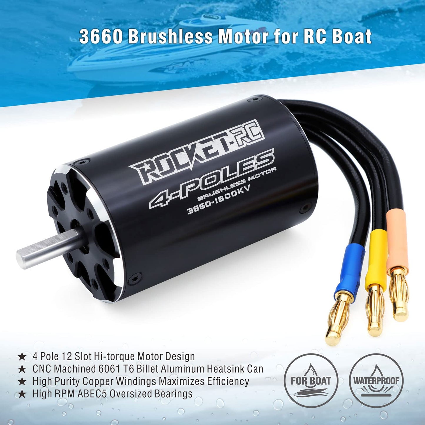 3660 1800KV Brushless RC Boat Motor Surpass Hobby Brushless Motor 4Pole Design Replacement Boat Parts(1800kv)