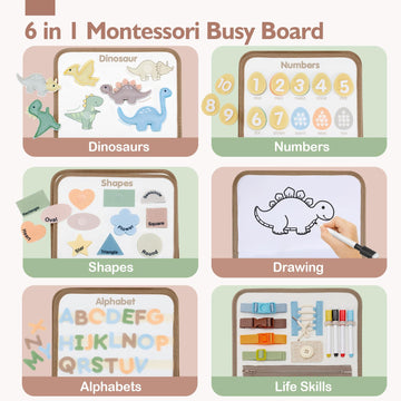 Hahaland Montessori Busy Board For Toddlers 2-4 - 2 Year Old Boy Toys Birthday Gift - Travel Toys - Dinosaur, Alphabet, Number, Shape, Drawing, Life Skills