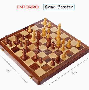 Enterro Chess Board Set Wooden Foldable14 X 14 Inch With 2 Extra Queens - Handcrafted Magnetic Chess Pieces