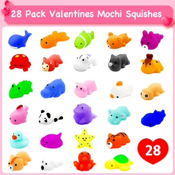 28 Pack Valentine Cards with Mochi Squishy Toys ,Valentines Day Gifts for Kids Animal Squishies Stress Relief Toy Valentines Day
