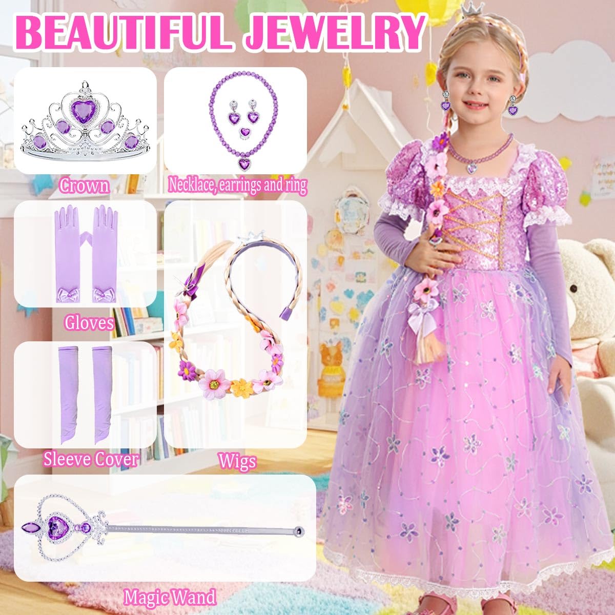 Itvti Princess Rapunzel Costume Little Girls Dress Up For Birthday Party Halloween Carnival, 3-4 Years(Tag 110)