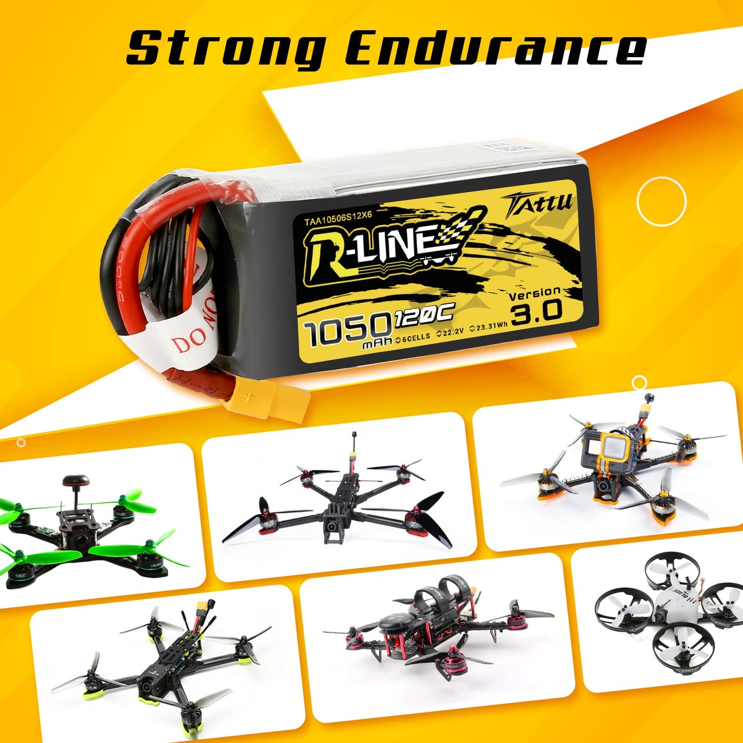 TATTU 6S Lipo Battery R-Line Version 3.0 1050mAh 22.2V 120C 6S1P Lipo Battery Pack with XT60 Plug