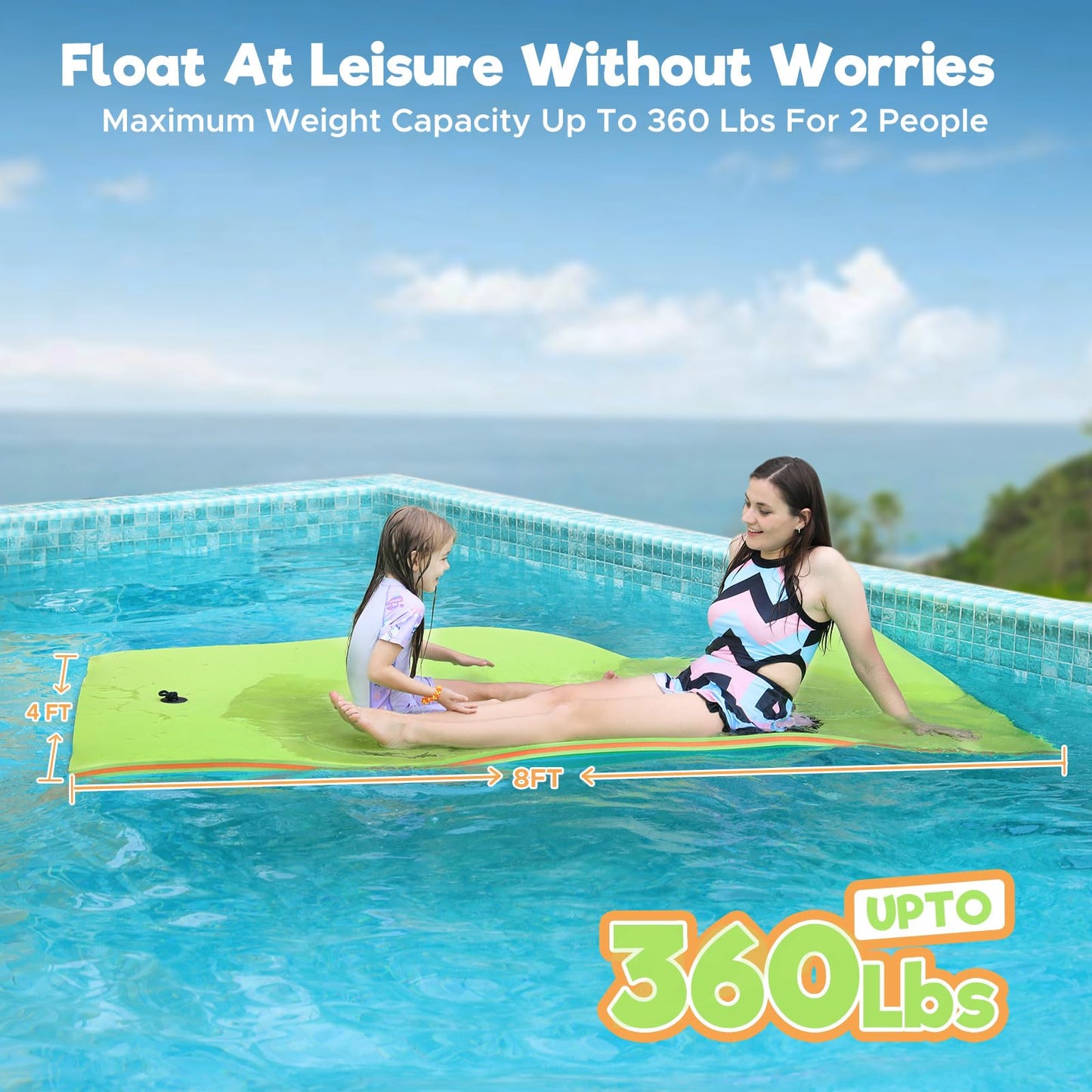 WARMOUNTS Lily Pad Floating Mat for 2 People, 8 x 4 FT Floating Mat Holds 360 Lbs, 3-Layer Tear-Resistant XPE Foam Floating Wate