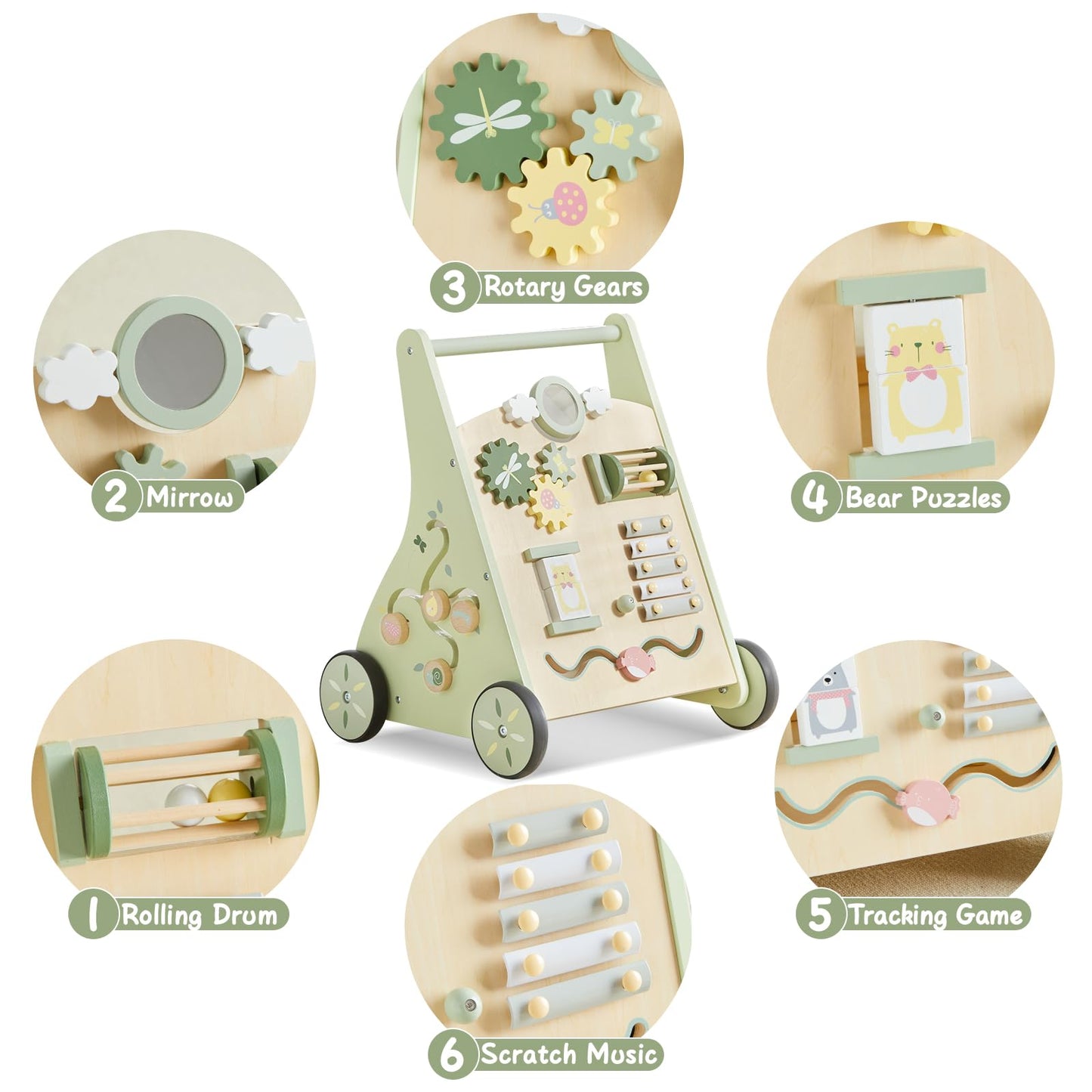 Beright Wooden Baby Walker Push And Pull Learning Activity Walker Kids’ Activity Toy Multiple Activities Center Develops Motor Skills & Stimulates Creativity(Green)