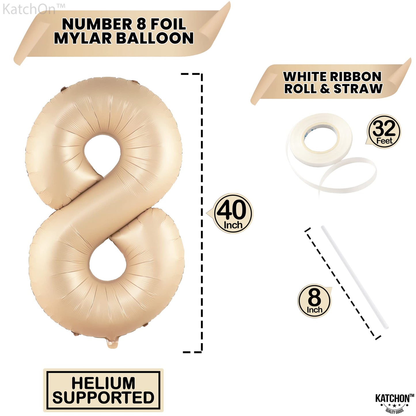 Katchon, Huge Caramel Number 8 Balloon - 40 Inch | Number 8 Balloons For Retro Party Decor | Eight Balloon Number | Neutral Party Decorations | Big 8 Balloon Number, 8Th Birthday Decorations For Girls