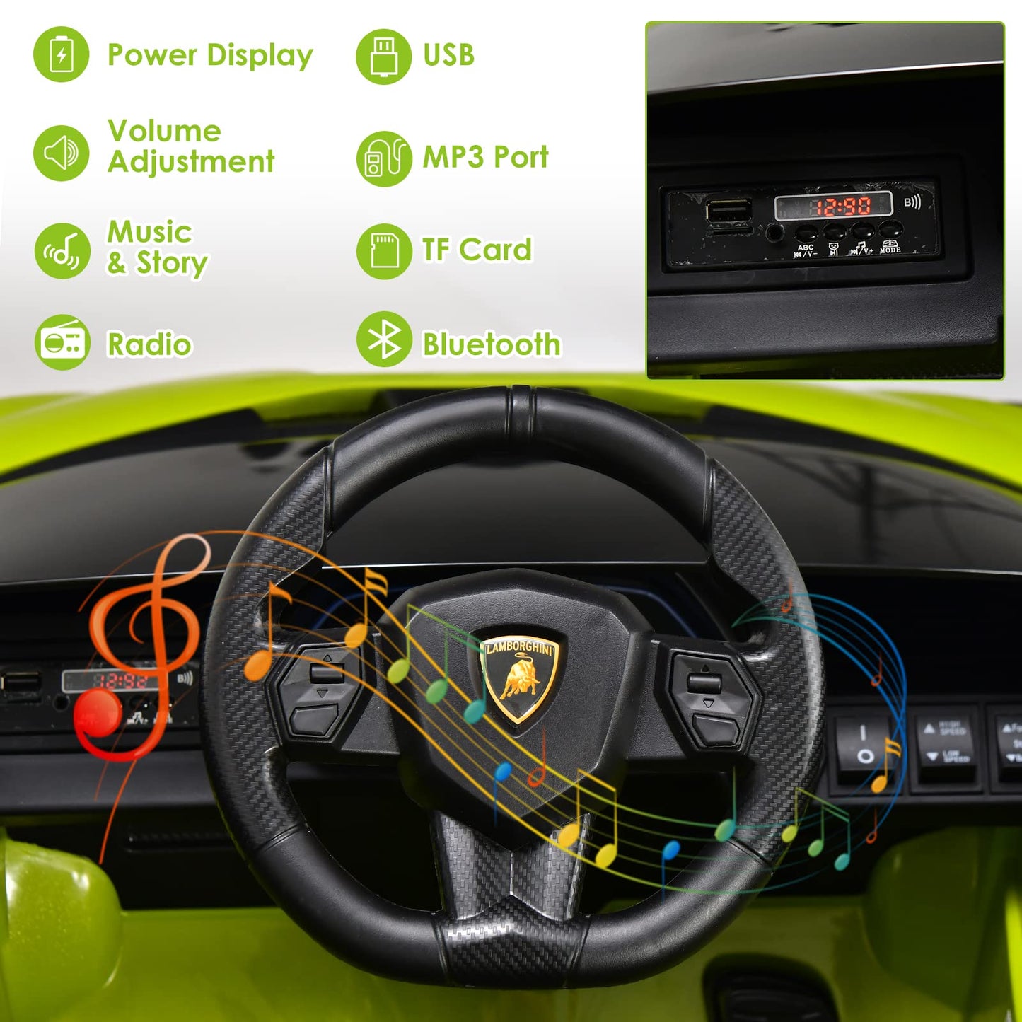Olakids Kids 12V Licensed Lamborghini Sian Ride On Car, Electric Vehicle For Toddler With Control Remote, Battery Powered Toy With Music, Horn, 2 Speeds, Suspension, Led Lights, Bluetooth, Usb (Green)