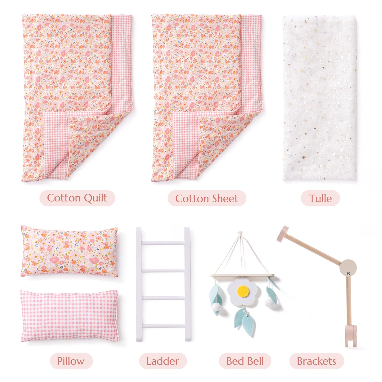 Robud Baby Doll Crib, Wooden Baby Doll Beds For 20 Inch Dolls, Baby Doll Bunk Beds With Tulle, American Girl Doll Bed For Gifts, Pink