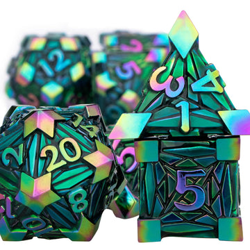ORIFANTOU Metal DND Dice Set Dungeons and Dragons Dice with Box, Rainbow Green Debris D&D Dice RPG D and D Dice Role Playing Gam