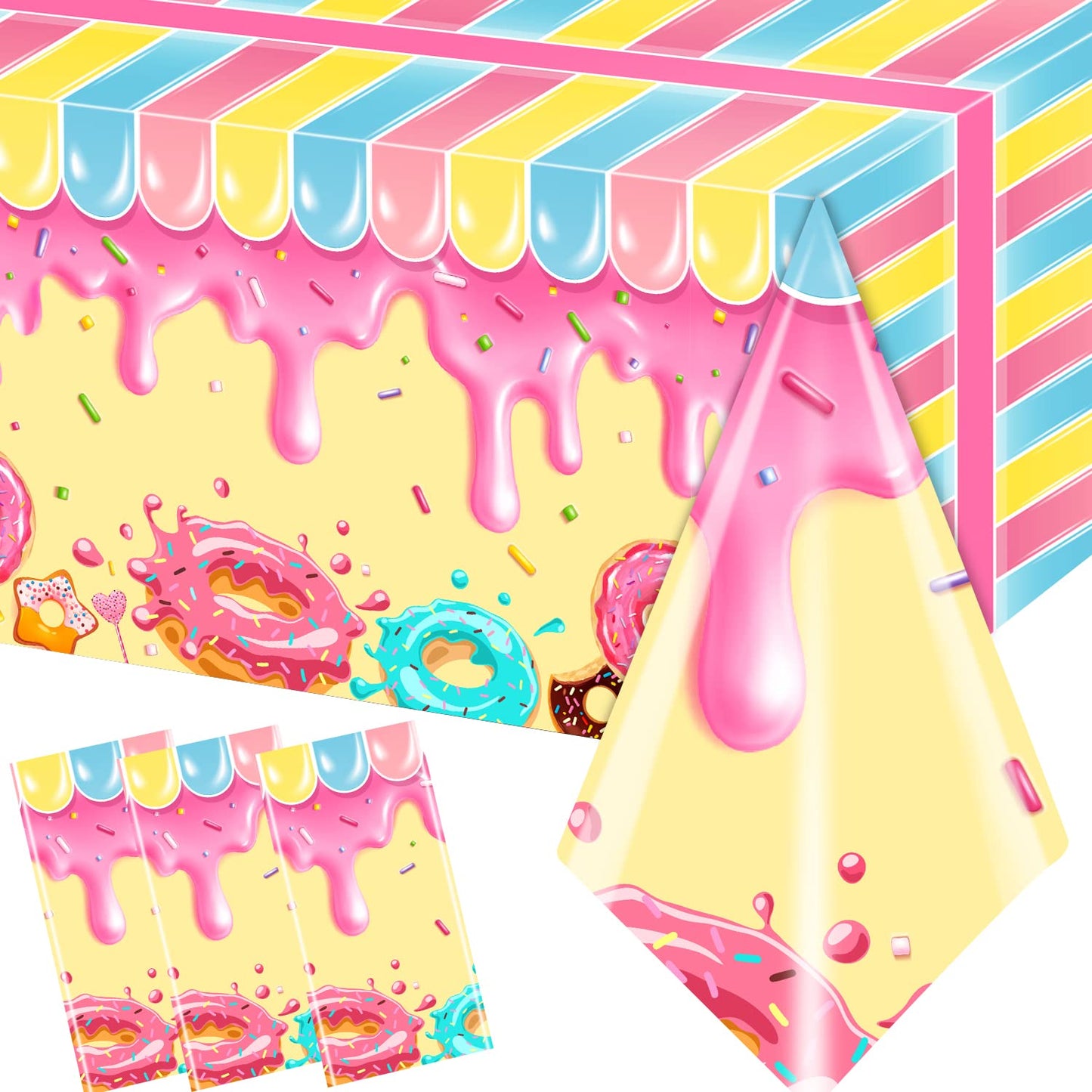 Grehumor 3Pcs Donut Party Tablecloth Fonut Grow Up Party Supplies Donut Theme Birthday Party Decorations Disposable Plastic Tabl