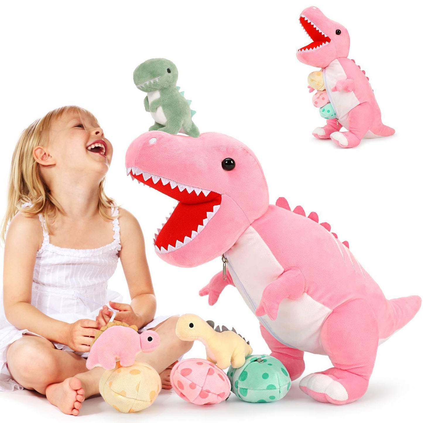 Morismos Dinosaur Stuffed Animal With Babies,23.6'' Big Mommy Stuffed Dinosaur With 3 Baby Dinosaur Stuffed Toys & 3 Eggs Plush Inside Belly, Boy Girl Dinosaur Toys For Kids 3-5, Pink T-Rex Toy