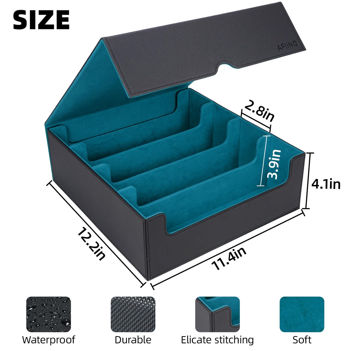AFIING 4-Row Trading Card Storage Box - Holds 3200+ Cards 48 Dividers & 4 Stoppers Card Deck Box for MTG TCG Sports Cards - Includes 1 Dice Bag(Black Cyan)