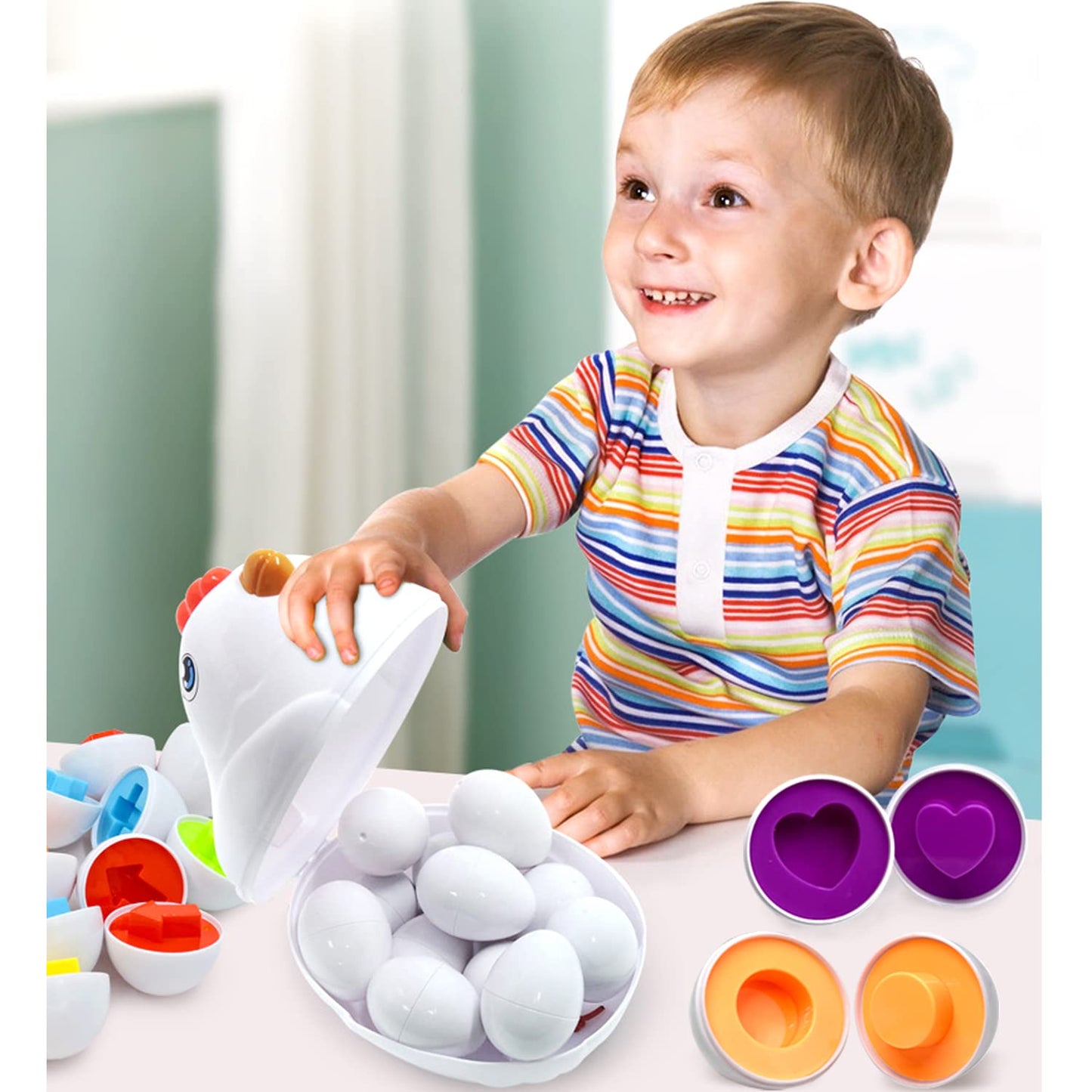 Easter Matching Eggs Toddler Toy With Push & Pull Chicken Box, 12 Pcs Montessori Sorter Learning Educational Toy, Multiple Shape
