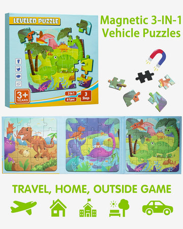 Dinosaur Magnetic Puzzles for Toddlers 3-5, 3 in 1 Travel Puzzles Book Games for Kids Ages 2-4, Travel Games and Toys for 3 4 5
