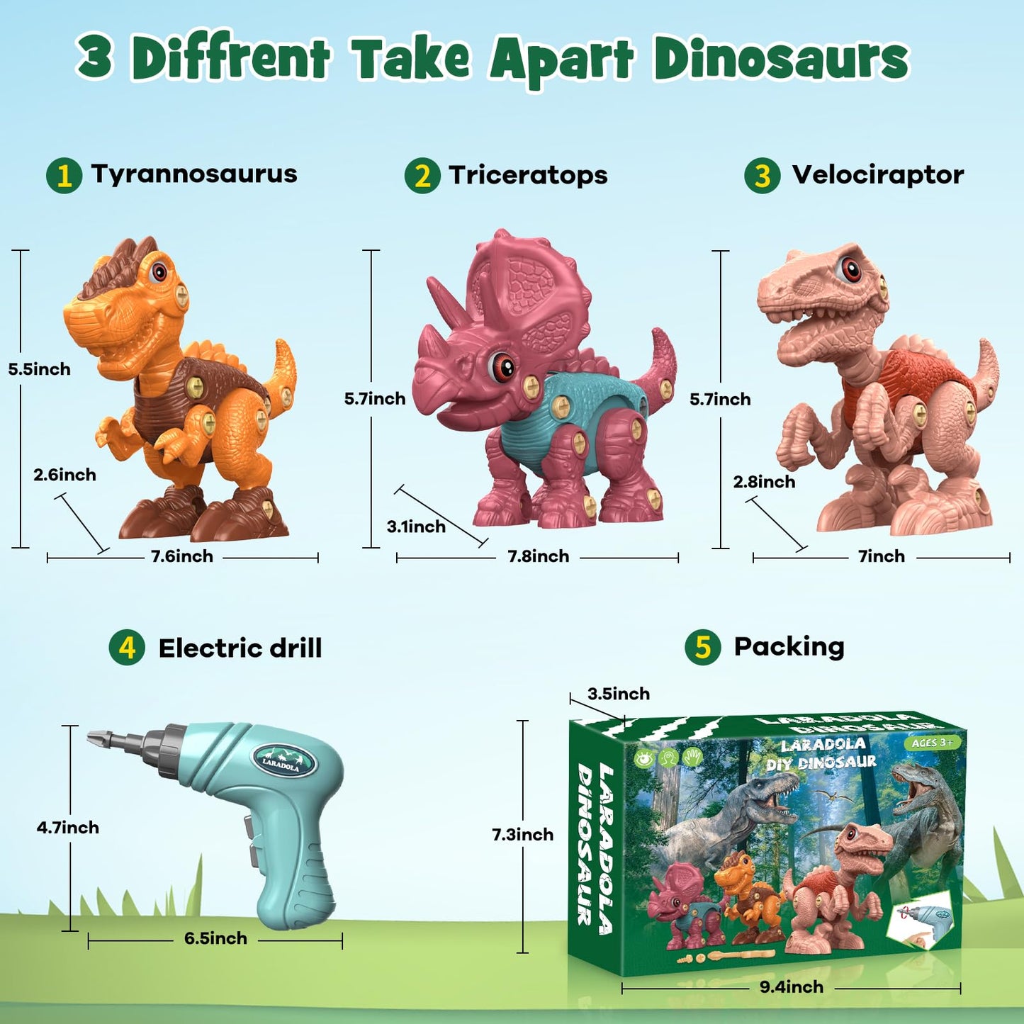 Laradola Dinosaur Toys For 4 5 6 7 8 Year Old Boys, Take Apart Dinosaur Toys For Kids 3-5 5-7 Stem Construction Building Kids Toys With Electric Drill, Party Birthday Gifts (Blush Pink)