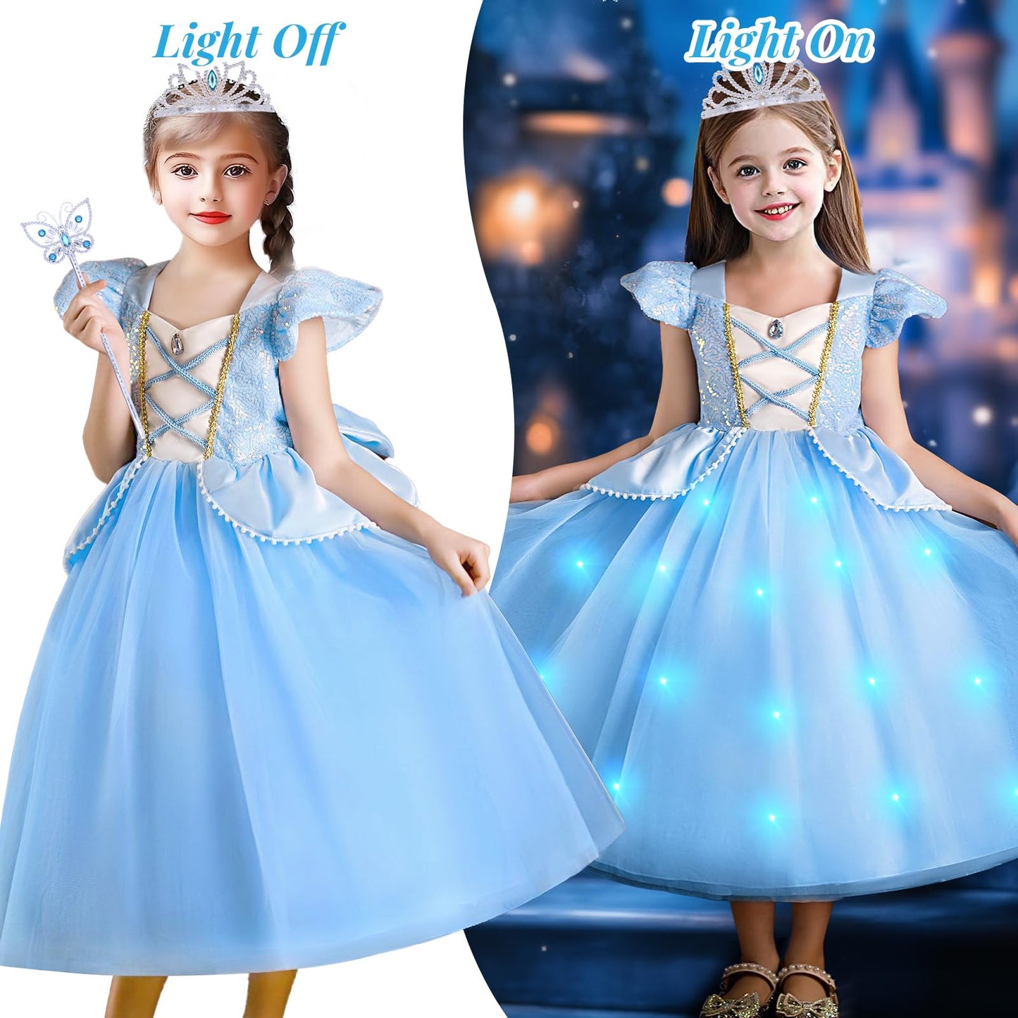 G.C Cinderella Dress Costume For Girls Toddlers Light Up Princess Dress With Crown Wand Earrings Necklace Gloves Toy Accessories