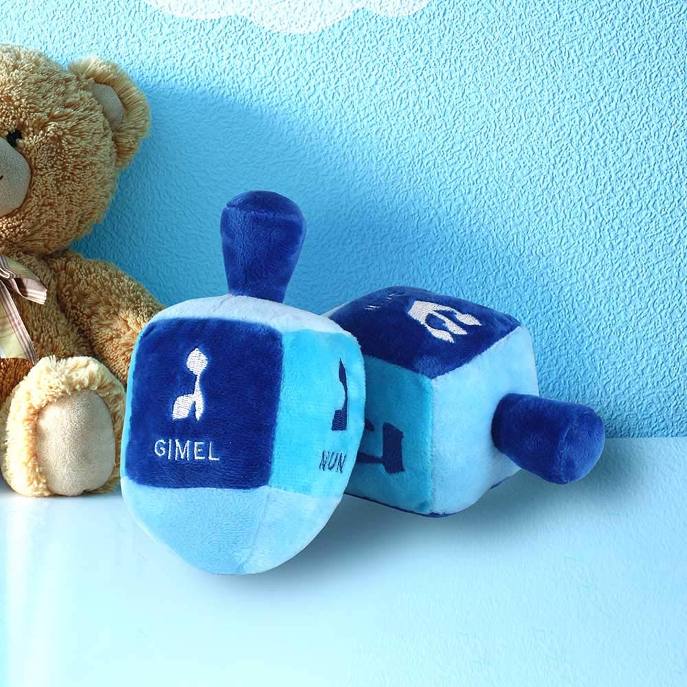 Aviv Judaica Plush Dreidel with Rattle - 6" Multi Blue, Embroidered Hebrew Letters - My First Chanukah Gift, Model DRD-PBW
