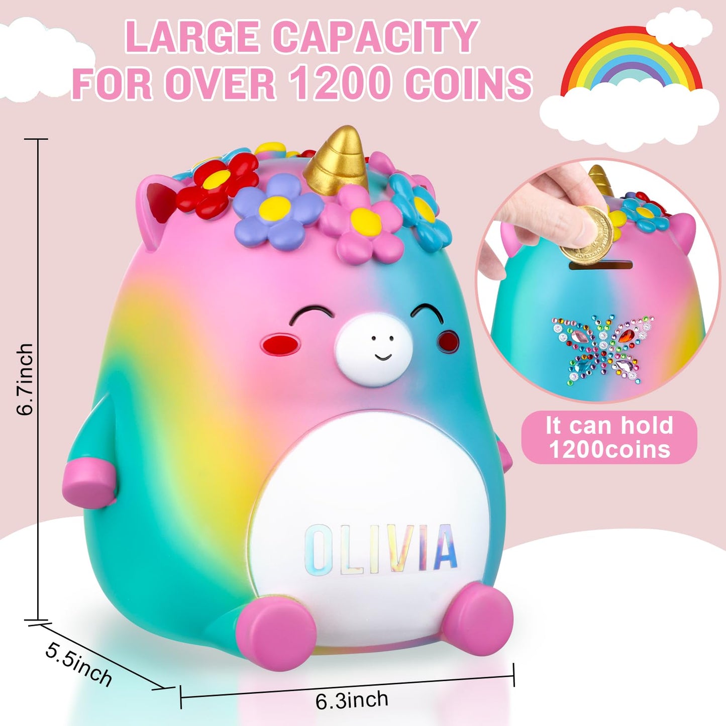 Veewyree Unicorn Piggy Bank Girls - Cute Rainbow Kids Piggy Bank For Girls, Personalized Unbreakable Resin Coin Money Bank For K