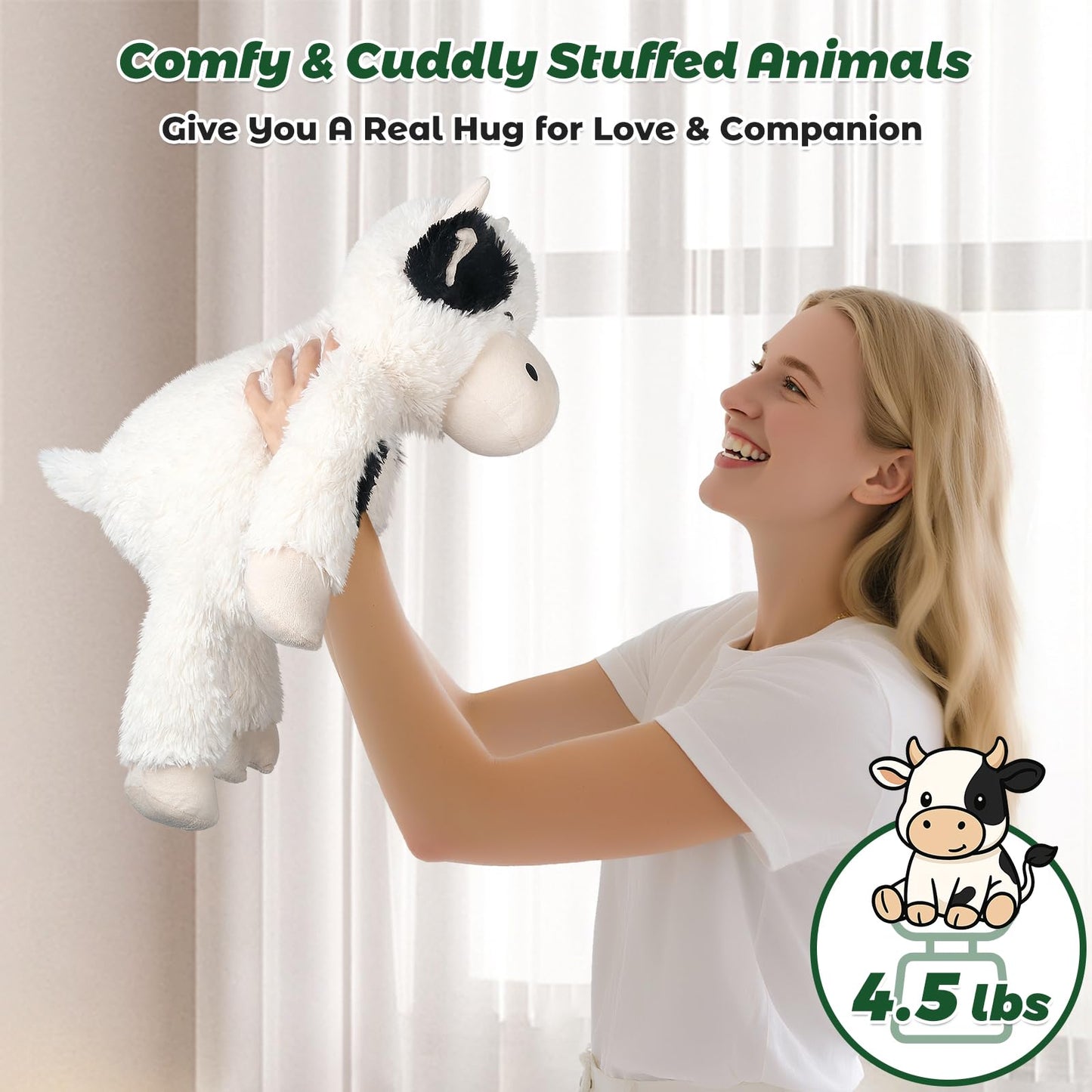 Bobbie & Laxi 24" Weighted Cow Plush Toy, Black and White, Adjustable Sitting & Laying, Soft Cotton Cuddly Gift for Kids & Adults