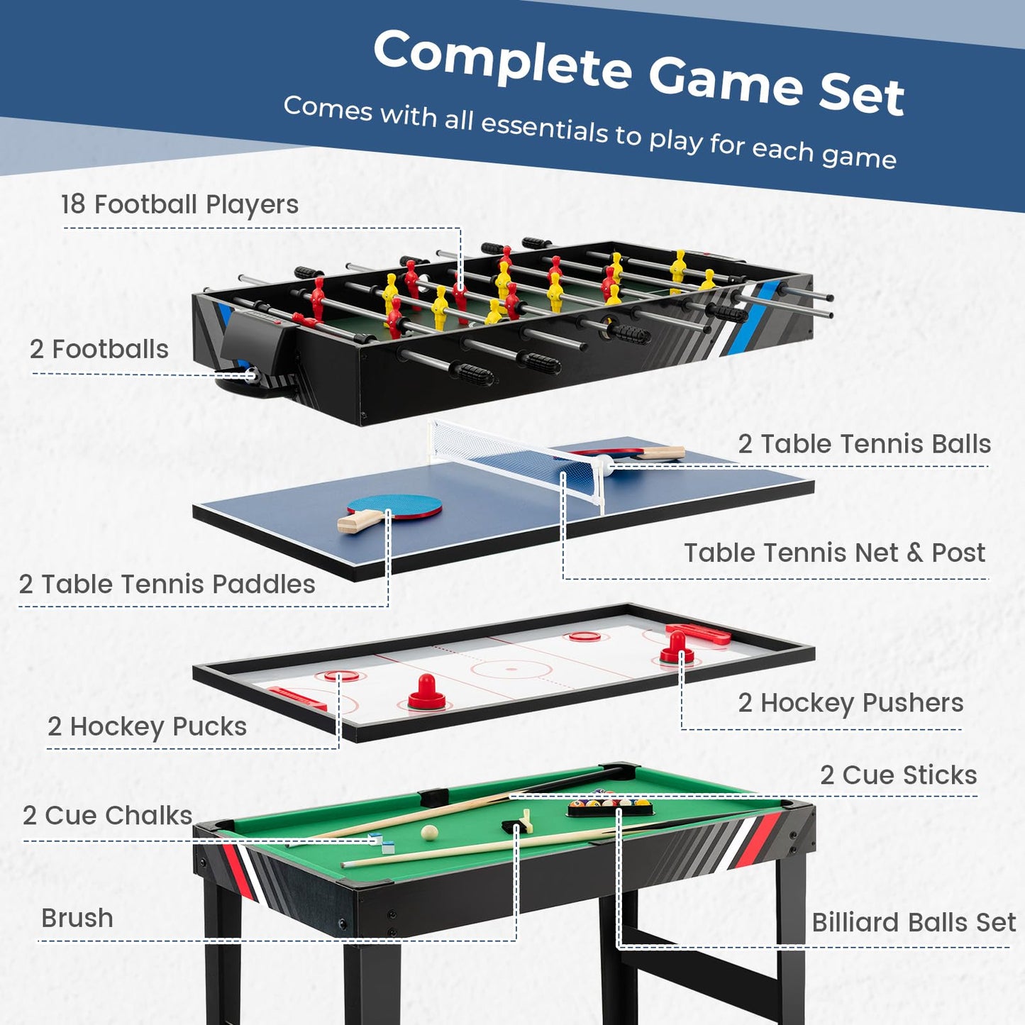 Gymax 49'' Multi Game Table, 4 In 1 Game Table With Foosball Table, Pool Billiards, Air Hockey & Table Tennis, Complete Combinat