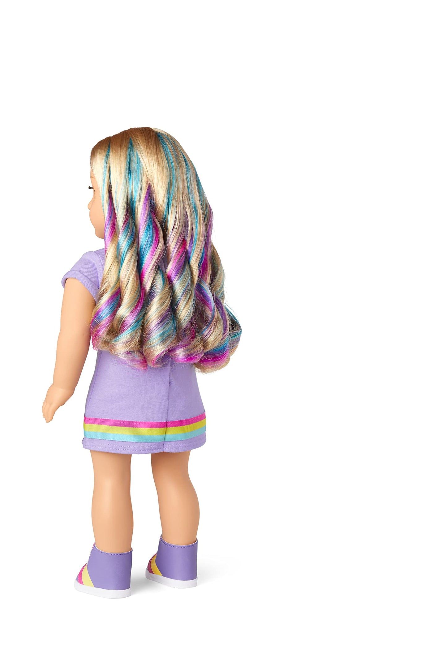 American Girl Truly Me 18-Inch Doll 110 With Light-Blue Eyes, Wavy Blonde Hair With Purple And Blue Highlights, Light Skin With Warm Olive Undertones, Purple Printed T-Shirt Dress