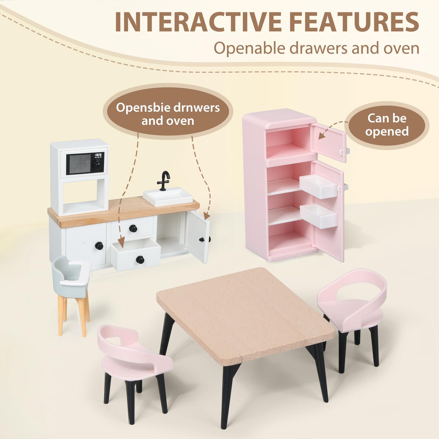 Pithfor Wooden Dollhouse Furniture Set, Dollhouse Accessories And Furniture, With 7 Rooms 3 Dolls, Includes Patio Set & Dog Set,