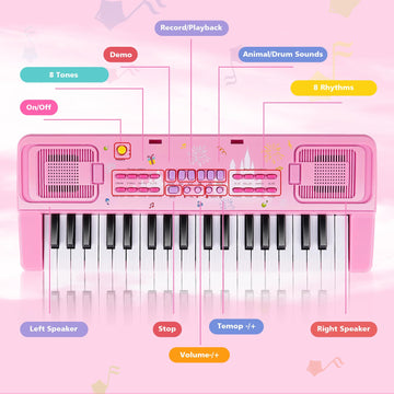 M SANMERSEN Kids Piano Keyboard, 37 Keys Electronic Toy, Pink, Model YCY-2323-BK, Ideal for Toddlers 1-8 Years, Music Book Bracket