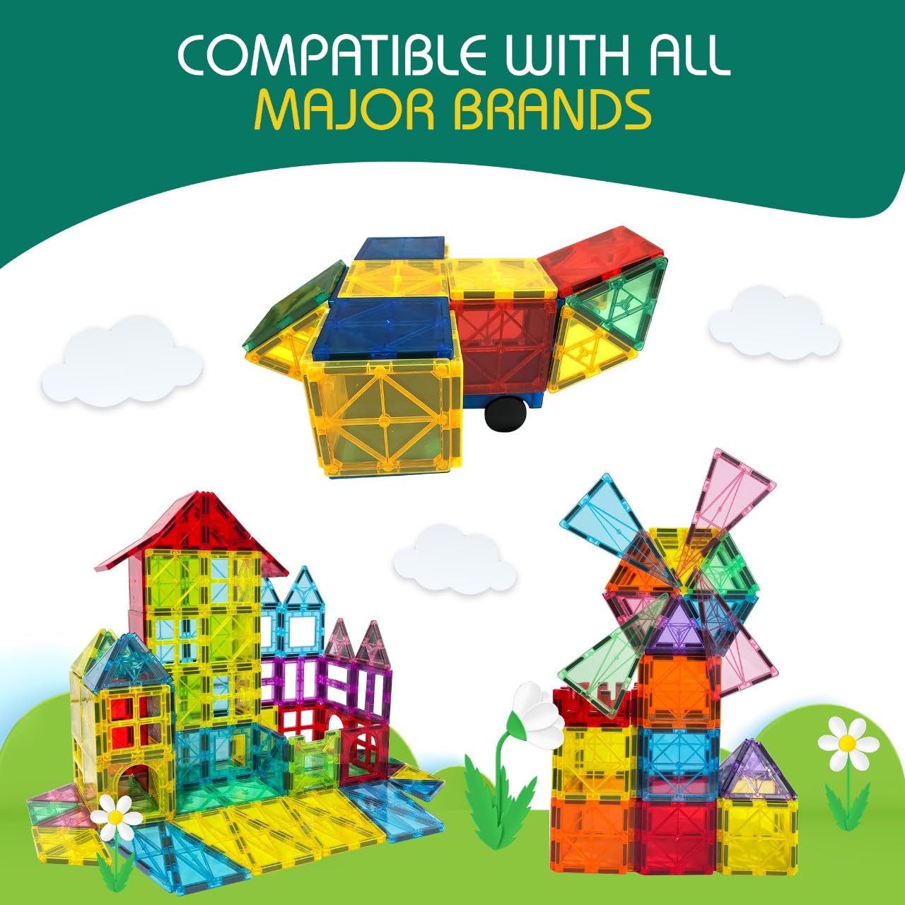 Little Vo Magnetic Tiles 136 PCS with 2 Cars and 8 Extra Alphabets - STEM Building Blocks for Kids Educational Gift for Boys & Girls