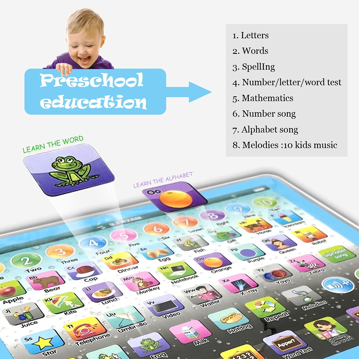 Kids Tablet Learning Pad Toddler Tablet With Abc Word Song Music Number Electronic Interactive Toy For Educational Preschool Boy