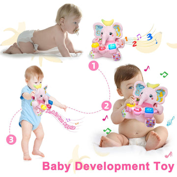 Holaxander Baby Elephant Musical Stuffed Animals Toy With Light-Up Music & Crinkle Sound Paper,Infant Bilingual Early Learning E