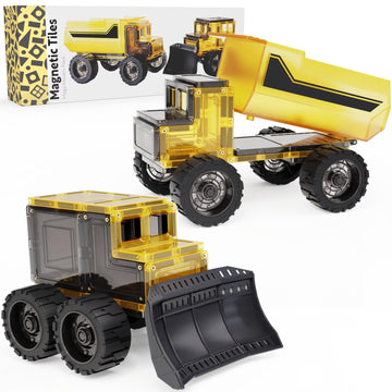 Learn & Grow Mega Movers - Magnetic Tiles Construction Trucks - Magnetic Build A Truck Set With 2 Jumbo Magnet Car Vehicles & Mo