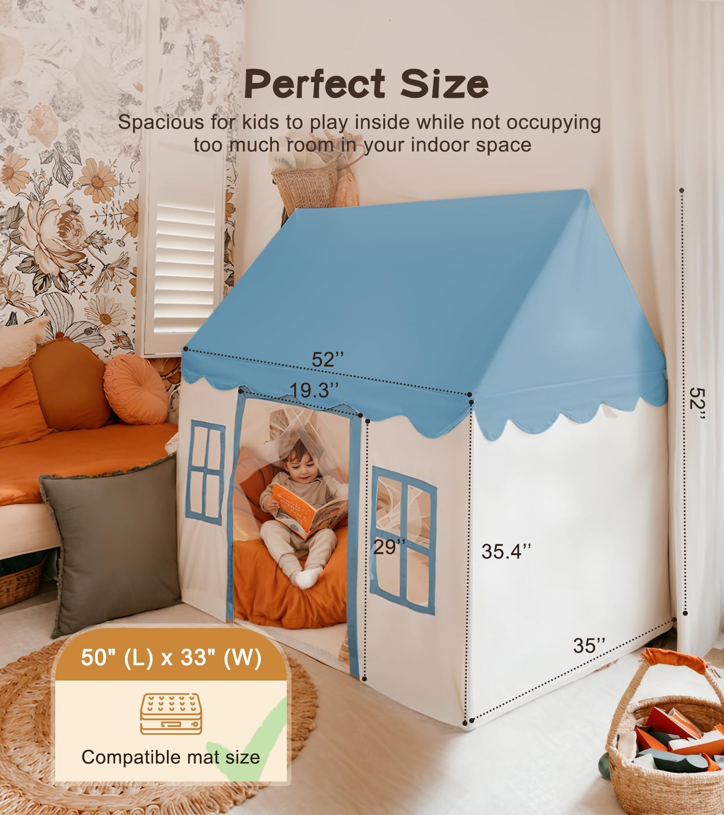 Play Tent with Mat, Star Light Large Kids Playhouse with Windows Easy to Wash, Indoor and Outdoor Play Tents for Kids, Little Do
