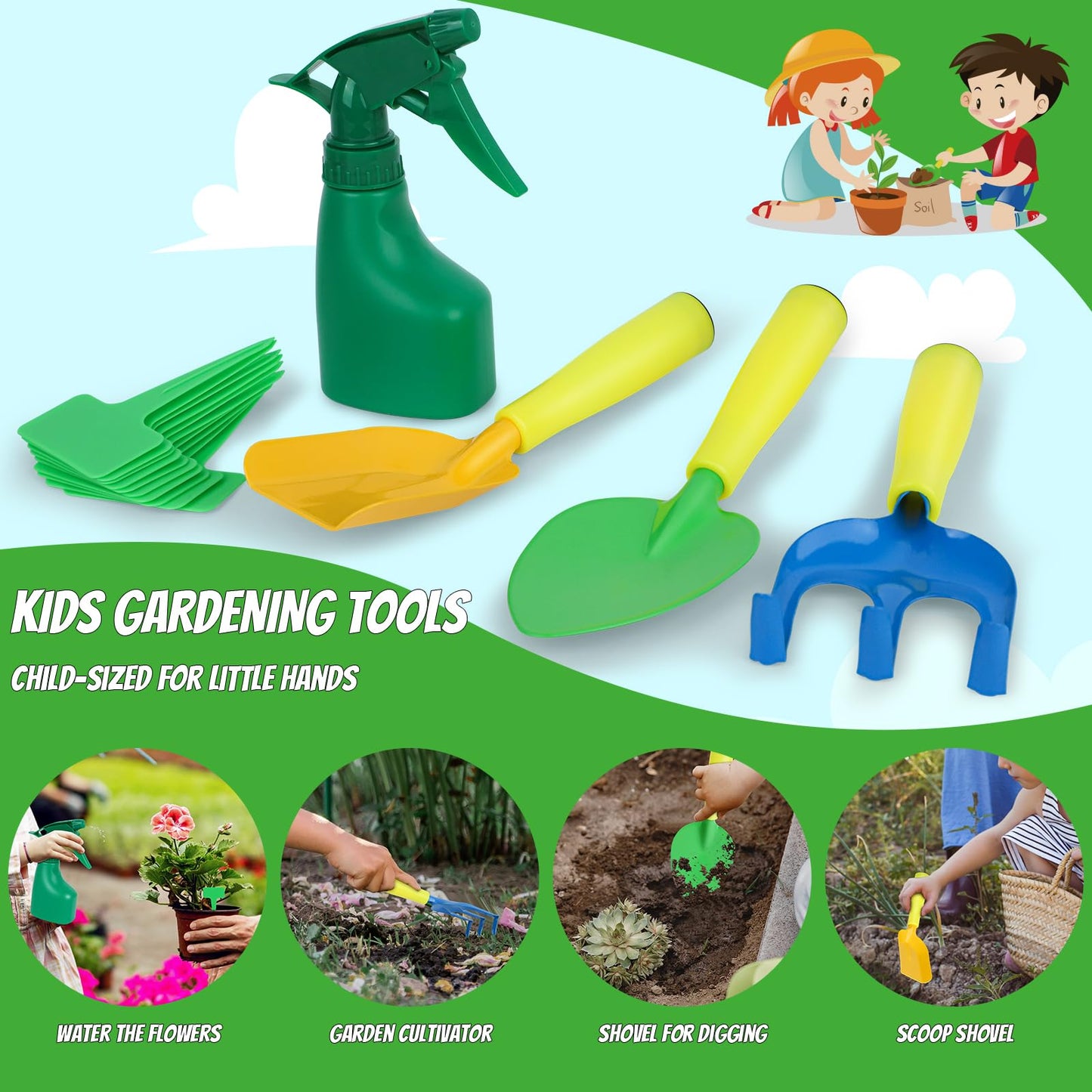 Magic4U Kids Gardening Tools Set, 22 Pcs Metal Garden Tools Toys For Kids With Apron, Gloves, Wood Handle Shovel, Rake, Hoe And Leaf Rake, Outdoor Digging Toys Gifts For Kids Age 3+
