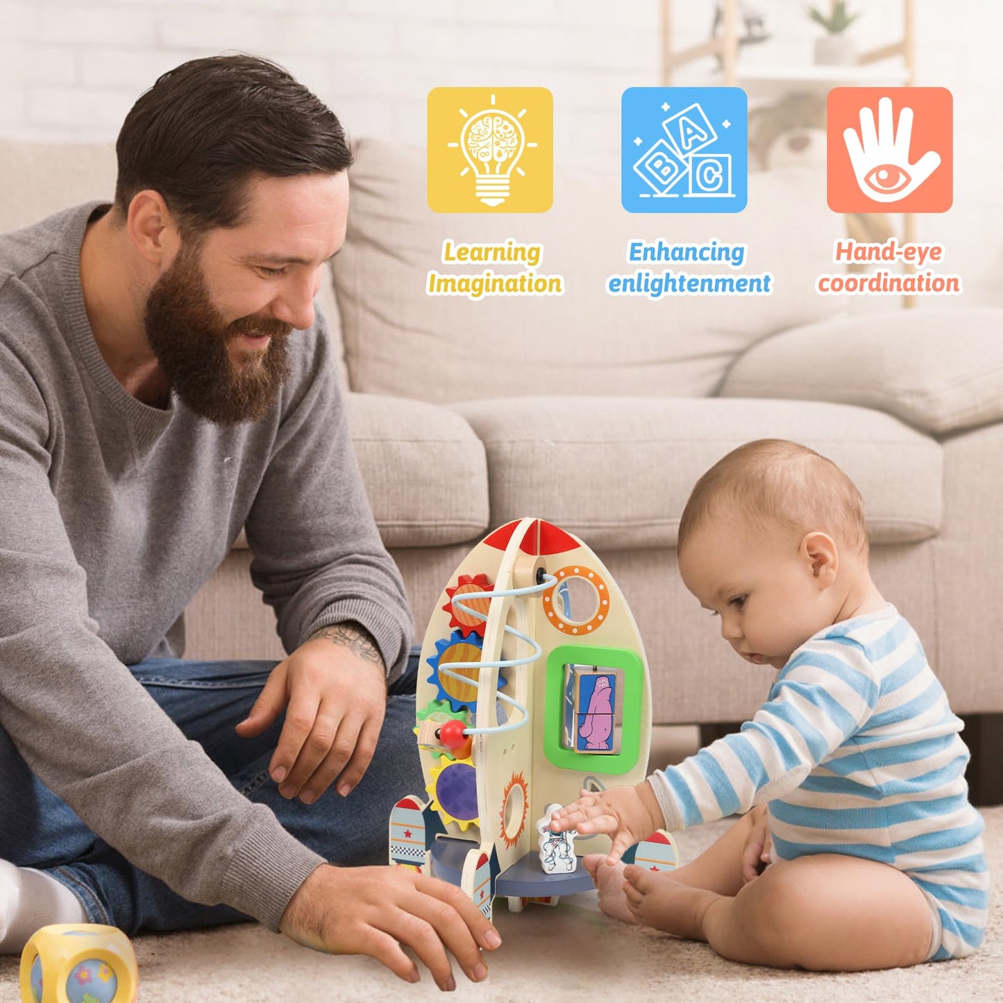 Wdmiya Space Wooden Activity Cube Toys For Baby, Montessori Toys For 1 Year Old Boy & Girl Birthday Gifts, Sensory And Education