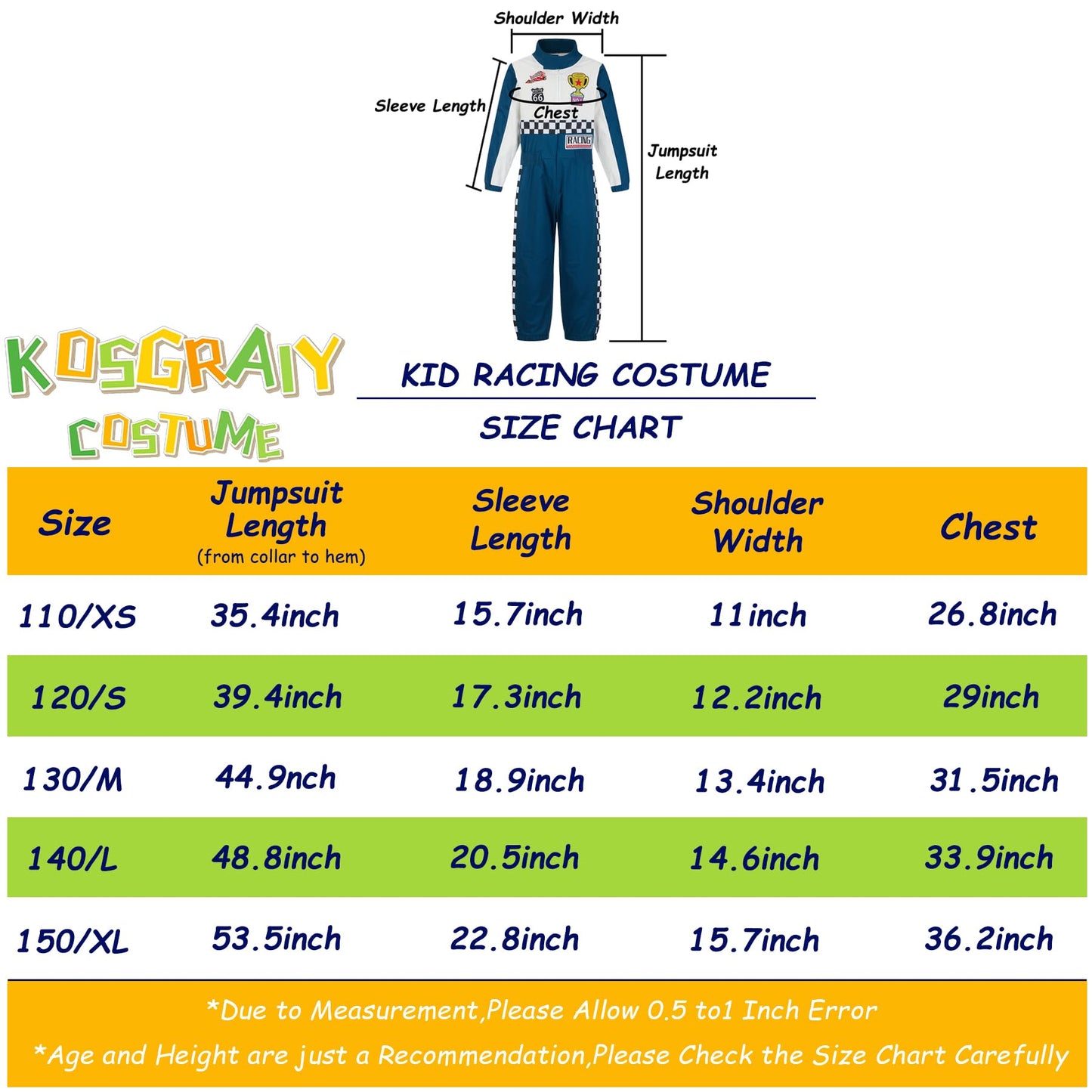 Kosgraiy Race Car Driver Costume Kid,Boy And Girl Racer Jumpsuit With Peaked Cap,Toddler Racing Costume Halloween,Xs/110