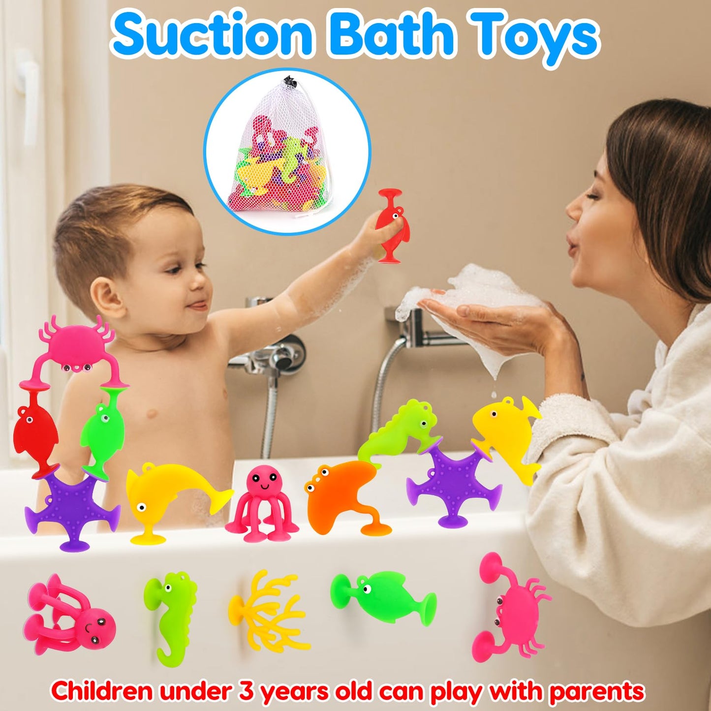 Toddler Suction Bath Toys, Ocean Animal Suction Cup Toys With Eggshell & Bag No Hole Mold Free Bathtub Shower Toy For Kids Senso