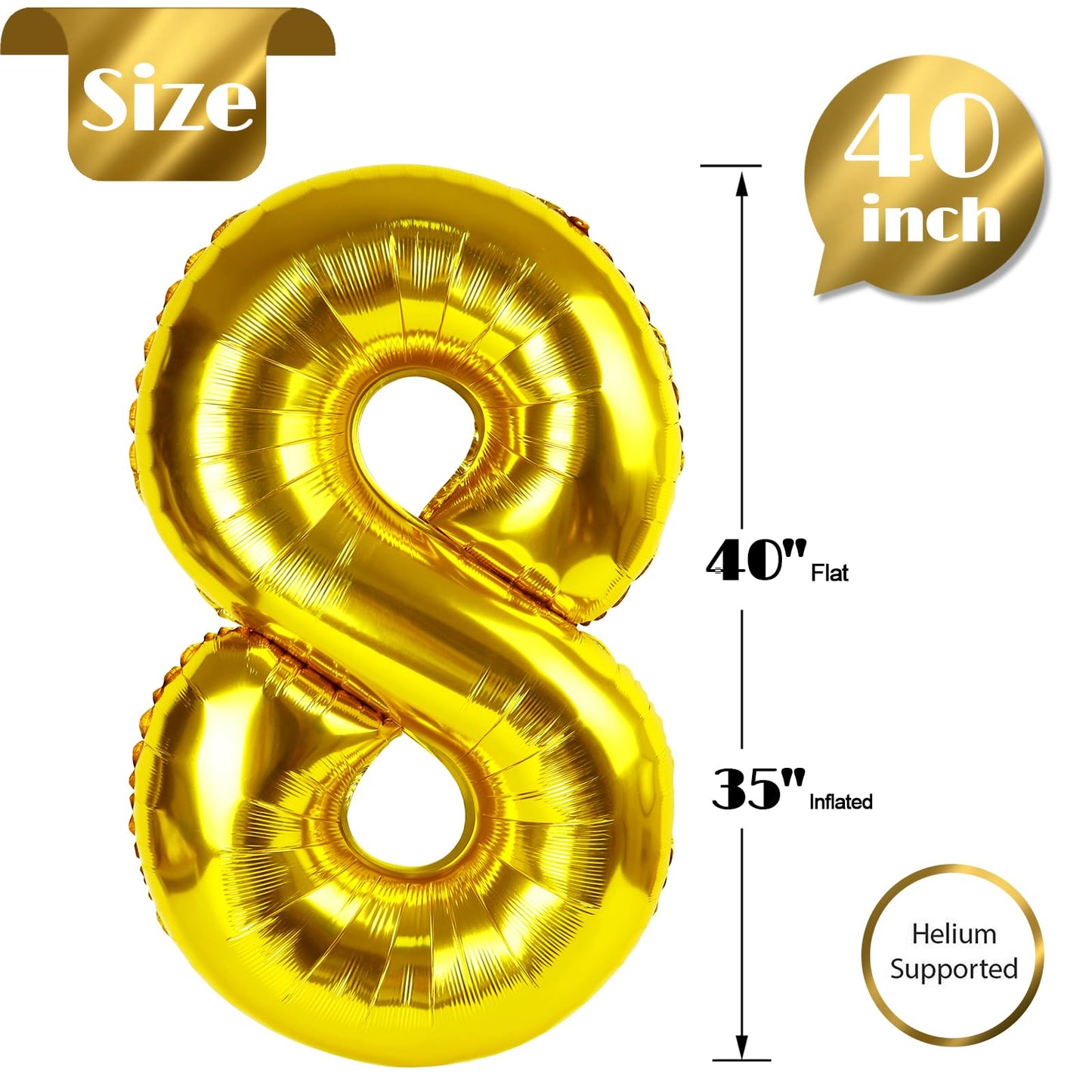 Gold Number 8 Balloon 40 Inch, 8 Balloon Number, 8Th Birthday Decorations, Gold Party Supplies For Boys Girls