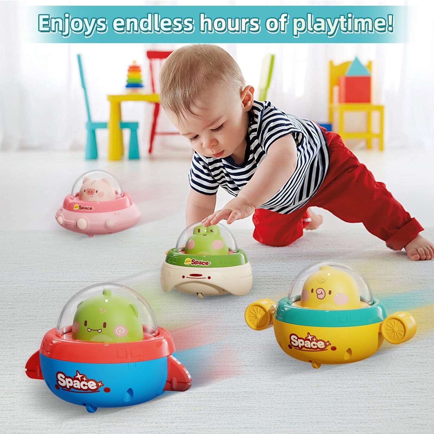 Numberfun 4Pcs Animal Car Toys For Toddlers 1-3,Press And Go Car Toys For Ages 0-2,Baby Toys 6-12-18 Months,Spaceship 1 Year Old