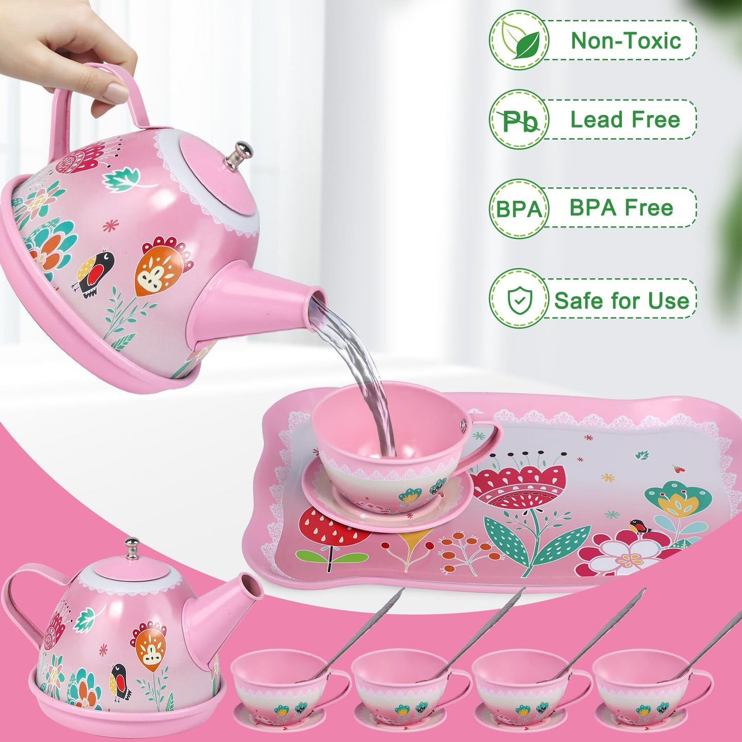 Tea Party Set for Little Girls,PRE-WORLD Princess Tea Time Toy Including Dessert,Cookies,Doughnut,Teapot Tray Cake, Tablecloth &