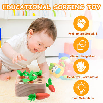 Montessori Toys For 1 Year Old, Carrots Harvest Wooden Baby Toys For 6-12 Months Educational Shape Sorting Matching Toys For Toddler Fine Motor Skill Development, Gift For Kids Birthday Easter Toys
