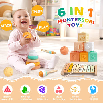 Montessori Baby Toys for 6-12 Months 1+ Year Old 6 in 1 Musical Instruments for Toddler Stacking Blocks Rings Development Learning Educational Toy with Wooden Xylophone for 1 Year Old Boys Girls