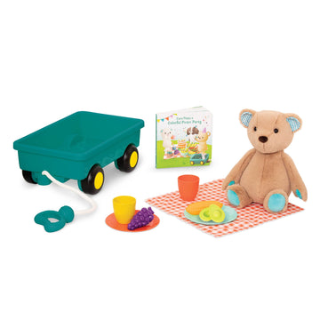 B. Toys- Happyhues - Cara-Mellow Bear Playset- Plush Bear With Picnic Play Set-Board Book - Wagon & Play Food - 18 Months +