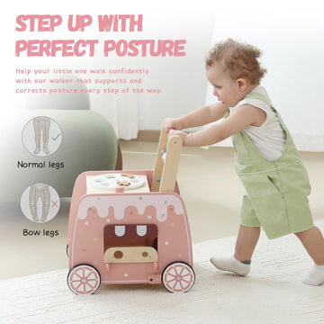 Wooden Baby Walker, Multifunctional Ice Cream Cart Activity Toy For Learning To Push Walk With Wheels, Pretend Playset Ideal For