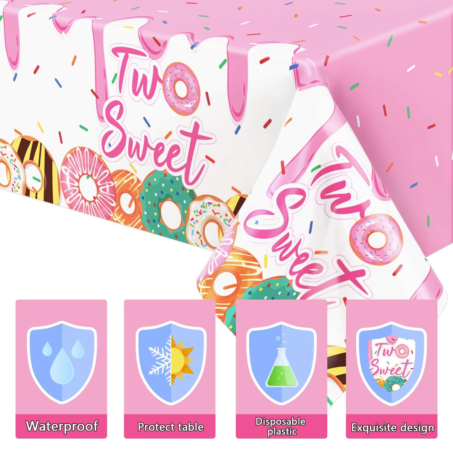 3 Pack Two Sweet Donut Birthday Party Tablecloths Decorations Girls Donut Themed Plastic Table Covers For Baby Girl 2Nd Birthday Party Supplies Pink Donut Party Favors Table Decor 54 X 108 Inch
