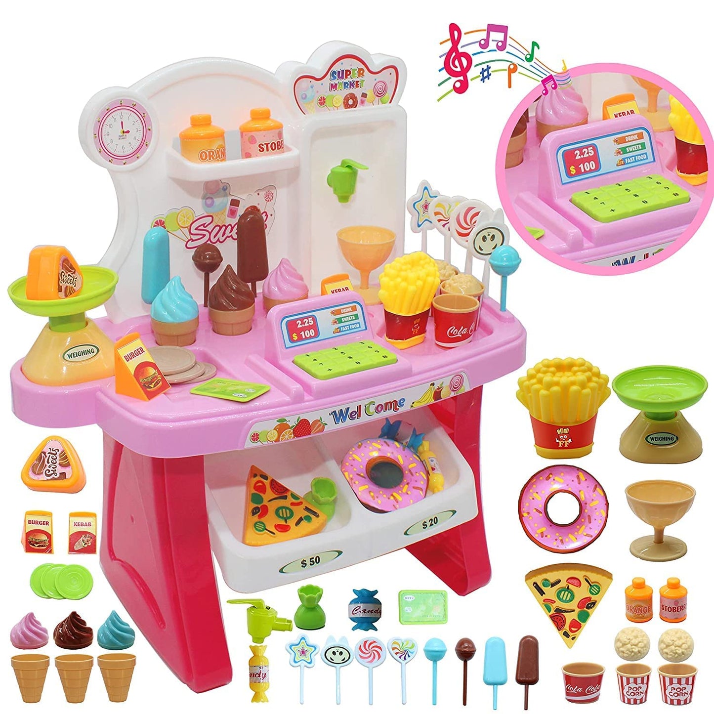 Brand Conquer Ice Cream Plastic Trolley Pretend Role Play Set With Led Lights And Music | Battery Operated | Learning And Educat